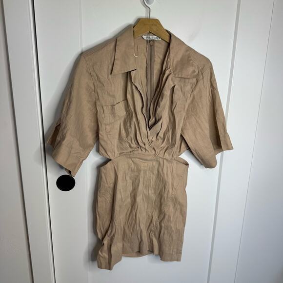 Zara Khaki Tan Linen Blend Side Cutout Mini Dress 9479/077 Size Large - Picture 3 of 8